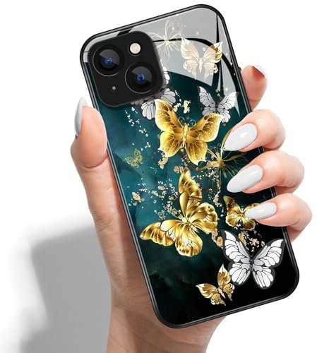 Printed Phone Case for iphone 13 Mini 5.4 HD Glass PC Hard Back Cover with Shockproof Silicone Skin Butterfly Love Marble Pattern Design for Girls Boys -Green Gold Butterfly