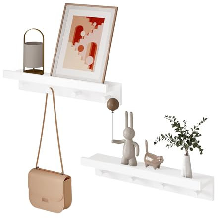 WOLTU 2er Set Wandregale mit Haken Kinder Garderobenhaken, Hängeregal, Schweberegal weiß, schwebendes Regal für Kinderzimmer, Wanddeko, Wohnzimmer Schlafzimmer, aus MDF, RG9510ws-2