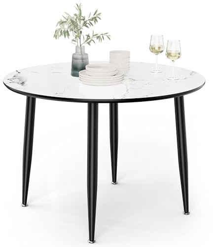 VonHaus Dining Table - 4 Seater Kitchen Table for Dining Room - Round Marble Effect Dinner Tabletop for 4 People - Circular Modern Top with Black Tapered Legs - D110cm x H75cm - Parma