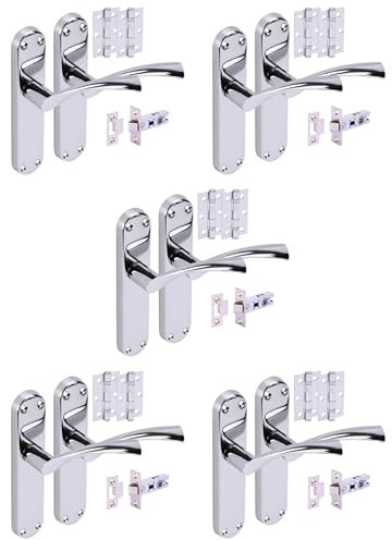 Hunta HANDLEZONE® 5 Sets Lobo Internal Door Handles on Backplate Lever Latch Packs with Ball Bearing Hinges - Polished Chrome