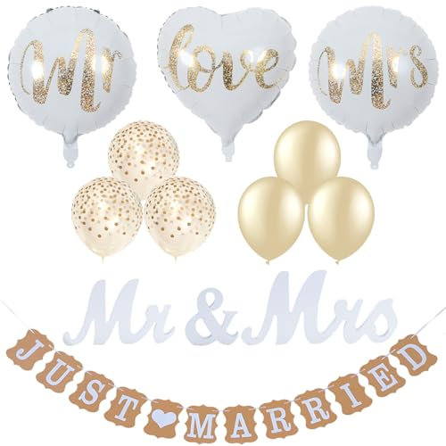 SRTSTR Striscione Matrimonio Just Married Bandierine Bunting Banner Mr & Mrs Decorazioni Matrimonio in Legno Bianco con Palloncini Vintage Decorazione per Matrimonio Nozze Feste Giardini
