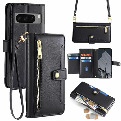 betterfon Hülle Kompatibel mit Google Pixel 8 Pro | Leder Handyhülle Praktische Handykette Kartenfächer Brieftasche Umhängetasche Kompatibel für Pixel 8 Pro | Schwarz
