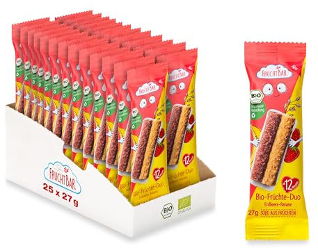 FruchtBar Bio Früchte-Duo mit Erdbeere und Banane, 25er Pack, zuckerfreier Frucht-Riegel für Babys ab 12 Monaten & Kinder, 25x27g