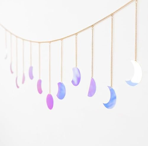 vicihoho Mondphasen Girlande, Wanddeko Boho, Mond Girlande Aesthetic Room Wandbehang für Wohnzimmer und Schlafzimmer Passend zur Mondlampe, in Laserfarbe gehalten