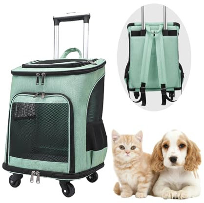 Sac à dos à roulettes pour chien et chat - Jusqu'à 10 kg - Chariot de transport léger pour chiots et animaux de compagnie - Vert
