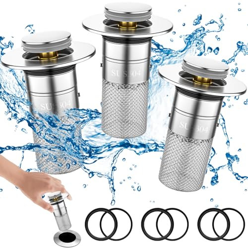 3 Pezzi Tappo Lavandino Bagno con Filtro, Tappo di Scarico Pop-Up, Tappo Bidet Universale Anti-Intasamento, Tappi Lavandino con Filtro per Capelli 34-40 mm per Vasca da Bagno, Cucina