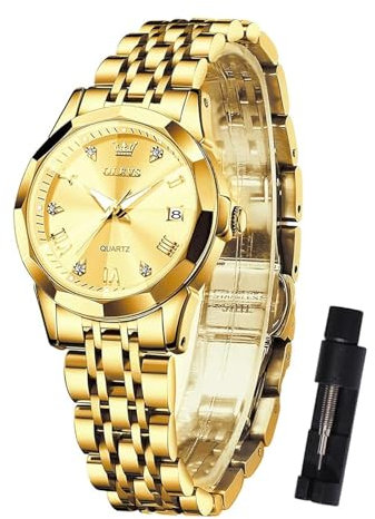 OLEVS Goldene Uhr Damen Luxus Gold Kleines Gesicht Edelstahl Analoger Quarz Damenuhren Klassisches Römische Ziffern Diamant Kleid Uhr Leuchtend Wasserdicht mit Datum Armbanduhr Damen
