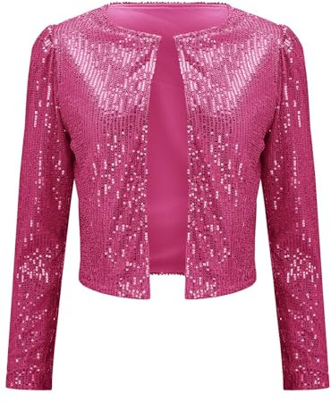 Generisch Giacca da donna con paillettes per oro, blazer corto Cardigan, elegante giacca a maniche lunghe, aperta sul davanti, con paillettes, cardigan per feste e club, Rosa acceso., S