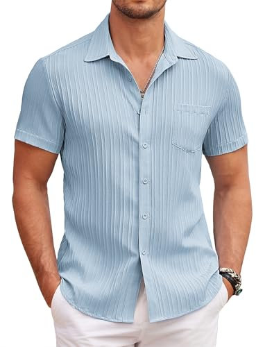 COOFANDY Chemise d'été pour Hommes à Manches Courtes décontractée Chemises à Col Kent Chemise de Plage avec Poche Bleu Clair XL