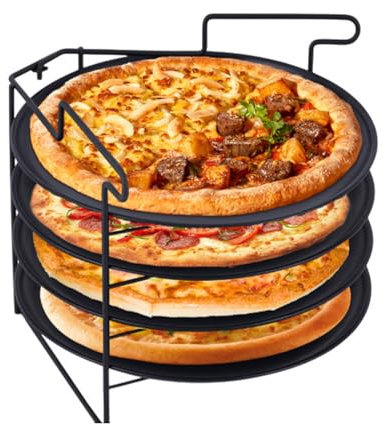 JIAWANSHUN Folding Pizza Rack Stand,4-Layer Stainless Steel Pizza Holder with 12-inch Non-stick Pizza Pan,Paired with Oven for Bread Cookies Baking&Cooling, Ideal for Pizzeria and Restaurant