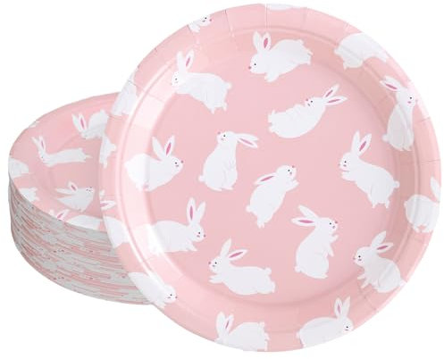 Whaline 40 Pcs Pink Easter Bunny Paper Plates Cartoon Rabbit Disposable Plates 9 Inch Spring Party Tableware for Birthday Baby Shower Holiday Table Supplies