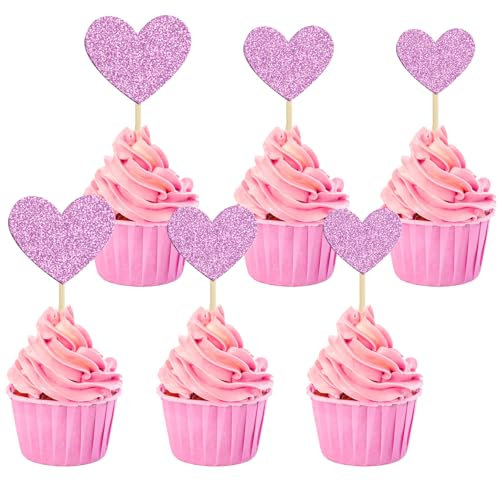 Glitter Herz Cupcake Topper,30 PCS Muffin Deko Cupcake Topper,Herzen Topper Cupcake,Liebe Herz Cupcake Toppers, für Muffins Dekorationen Hochzeit Party Jahrestag Valentinstag Kuchendeko (Rosa)