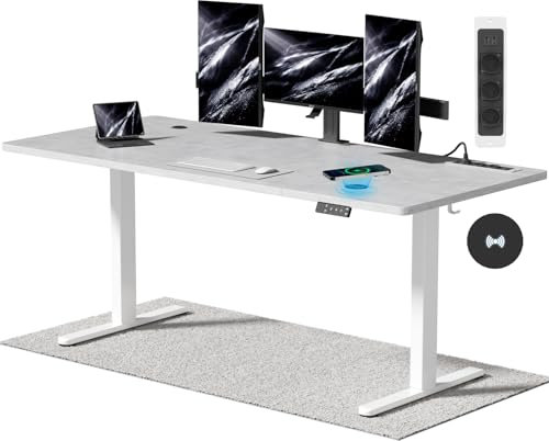 Airfish Höhenverstellbarer Schreibtisch (180 x 80cm) mit Kabelloser Ladestation, Computertisch Elektrisch Stehtisch mit 3-Funktions-Memory und Funktion zur Ermüdungs-Erinnerung, Grau