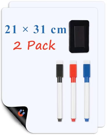LYZZXI Magnettafel Kühlschrank-A4 Whiteboard-Folien (2er Pack), Einkaufsliste Magnetisch Kühlschrank, Flexibler Magnetfolie Weiß für Einkaufsliste & Familiennotizen, inklusive Marker, Radiergummi