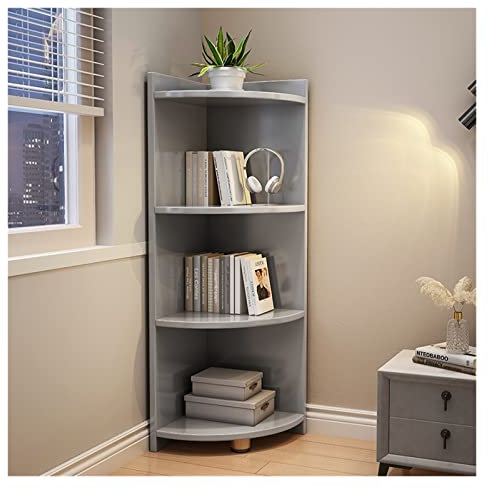 Eckvitrine aus Massivholz für Wohnzimmer, Schlafzimmer, dreieckige Aufbewahrungseinheit (4 Schichten, grau, 30 x 30 x 120 cm)