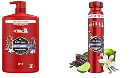 Bundle of Old Spice Night Panther Men’s Shower Gel & Shampoo 1000ml Multi-Use 3-in-1 Hair-Face-Body Wash. Long Lasting Fresh, Perfume Quality Scent + Nightpanther Spray 250ml
