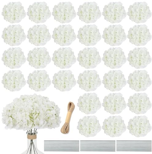 ELLECILA 30 Pack Creamy White Silk Artificial Hydrangea Flowers with Stems & Twine - DIY Floral Arrangement Kit, Full Hydrangea Flowers for Home Decor/Wedding/Christmas/DIY/Party/Garden (7 Inch)