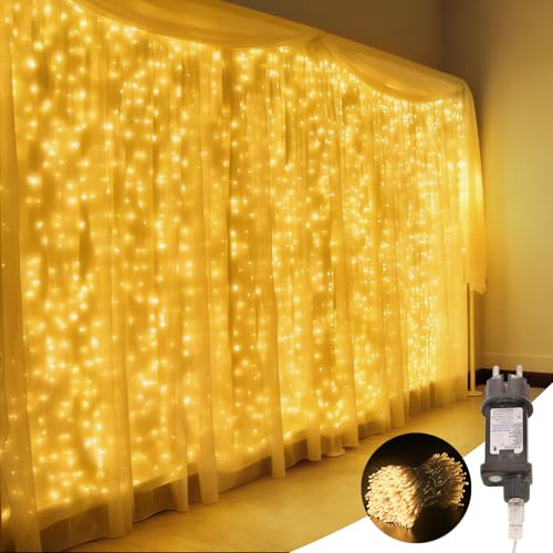 Macchiatto lichtervorhang innen 600 LEDs 6Mx3M,Warmweiß lichtervorhang mit Stecker,Transparente Kabel,8Modi &Timer mit Fernbedienung,IP44 Wasserdicht für Innen Außen Balkon Hochzeit Weihnachten Party