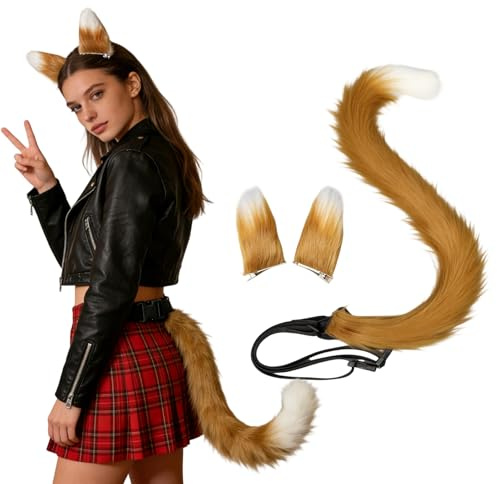 YAEGIMHT Plüsch Katzenschwanz Katzenohren Set, Katzenkostüm Wolf Fuchs Kostüm Damen, mit Katzenohren Haarreif Clip und Langem Katzenschwanz für Halloween Karneval Cosplay (Kamelweiß)