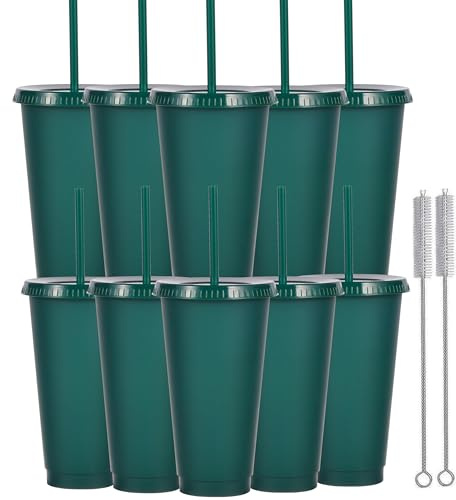 Yisituo 710ml Reusable Plastic Cups, 10 Pack Cold Cups with Lid and Straw, Tumblers Travel Mugs for Adults and Madam Party and Beach, Pool Gatherings (10, Dark Green)