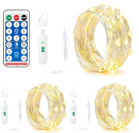 Bigzom Cadena de luces con batería recargable, 3 x 100 ledes, cadena de luces de 10 m, con mando a distancia y interfaz de carga USB, para interior y exterior, fiesta, boda, Navidad, decoración