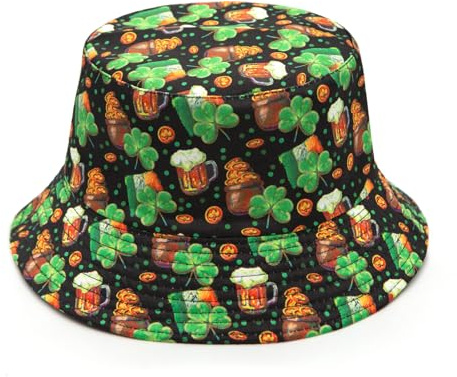 YAMEIZE St. Patrick's Day Grünes Blatt Bucket Hut - für Damen Herren Irischen Sonnenhut Double-Side-Wear Reversible Grünen Fischer Hut Kostüm Reise Strand Party