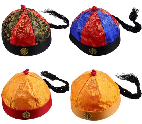 ZUNOXAZ Lot de 4 Chapeaux Traditionnels Chinois Rétro Taille 9 pour Adulte avec Tresses, Accessoires de Déguisement Qing, Carnaval et Performances Théâtrales