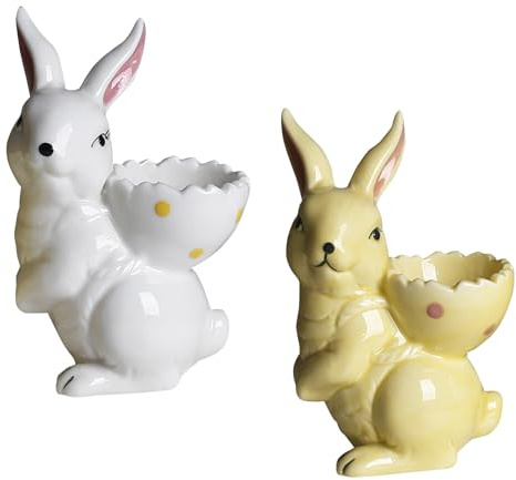 Osterdeko Kaninchen Figuren Eierbecher Keramik, Ostern Deko Frühling Osterhasen Eierhalter Bunny Figur Eierständer Hasenfigur Statue Porzellan Hase Skulptur Frühlingsdeko Innen Tischdeko (2 Stück)