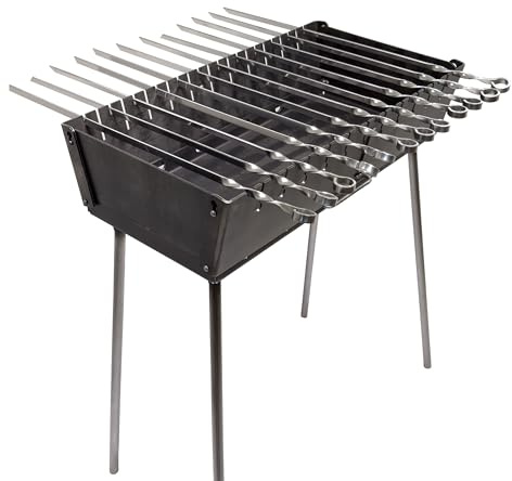 GOROCH Mangal Grill Set aus 3 mm Stahl – Schaschlikgrill für 12 Spieße, klappbarer Holzkohlegrill im Kofferdesign, inkl. 8 klassischen Spießen aus 3 mm Edelstahl, ideal für BBQ, Camping & Garten