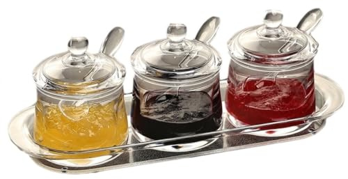 RSK Goods Acrylic Sauce Jars Set with Lids and Spoons on Tray – 3 Piece Condiment Pots for Jam, Sugar, Salt, Spice Storage Kitchen Counter Organiser