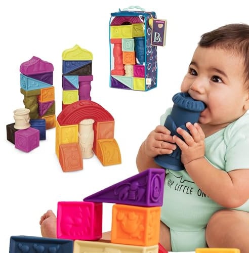 B. toys Baby Spielzeug Stapelturm, weiche Bausteine, Bauklötze Motorikspielzeug, Lernspielzeug, Spielwürfel mit Buchstaben und Tieren ab 6 Monaten, 26 Teile