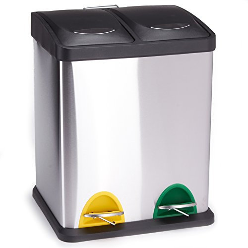 MSV Mülleimer Mülltrennsystem 16 L (2x8 Liter) mit Inneneimer große Abfallbehälter Abfalleimer Treteimer Edelstahl, Silver