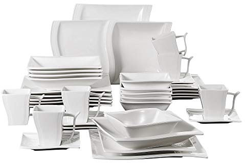MALACASA Services de Vaisselle 6 Personnes, 36 Pièces Assiettes Blanche Porcelaine, Ensemble de Assiettes Plates/Bols à Céréales Compatible avec Lave-vaisselle et Micro-ondes - Série Flora