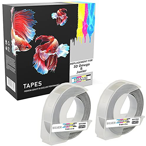 Prestige Cartridge 2x Weiß auf Silber 3D Prägeband 9mm x 3m kompatibel für Prägegeräte Junior und Omega