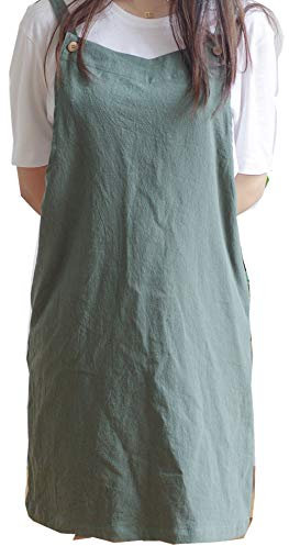 Verstellbare Küchenschürze im japanischen Stil, Baumwollleinen mit 2 Taschen Pinafore Schürze für Damen Chef Kellnerin Friseurin passt für Grill, Lack und Kreuz-Rücken-H Schulterriemen Grün