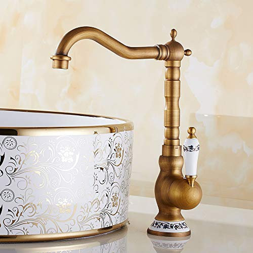 Traditionnel Mitigeur Évier Bec Pivotant à 360°avec bec haut Robinet de lavabo en laiton à deux poignées en céramique,nickelé brossé (Or)
