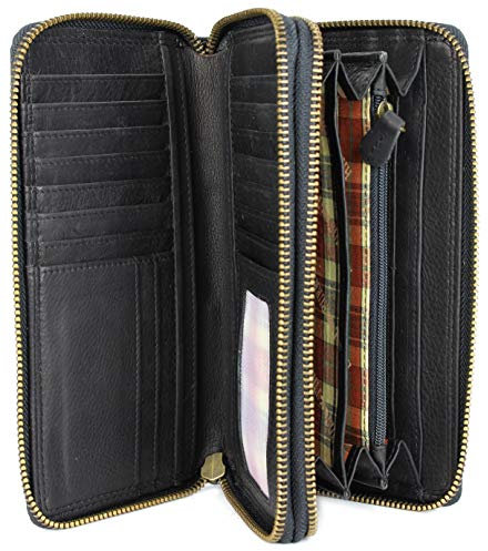 Hochwertige XXL Vintage Leder Damen Geldbörse Portemonnaie langes Portmonee Geldbeutel Organizer aus weichem Leder mit extra vielen Fächern inkl. RFID in schwarz - 20x11x3,5cm (B x H x T)