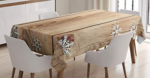 ABAKUHAUS Weihnachten Tischdecke, Holz Plank Schneeflocken, Wasserfest Waschbar mit Klar Sichtbaren Farben kein Verblassen Personalisiert, 140 x 170 cm, Hellbraun Weiß Braun