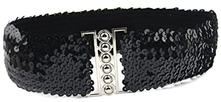YouU Damen Frauen Elastic Stretch Schnalle Stil Paillettenbesatz Taille Band Gürtel (Schwarz)