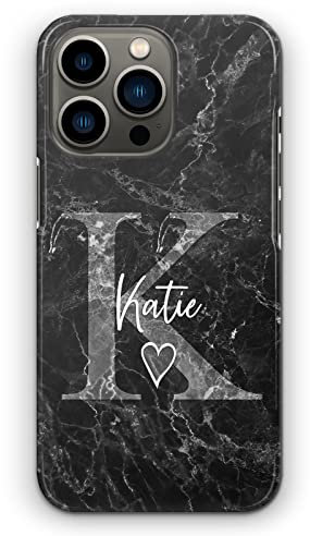 Personalised Initials Hard Phone Case For Apple iPhones, 16, 15, 14,13, 12, 11, Pro Max, Mini, XR, SE Black Marble Print with Heart, Grey Custom Initial and White Name Marble Case, Hard Phone Cover