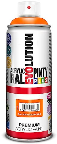 PINTYPLUS EVOLUTION Naranja Pintura spray Acrílica Brillo 520cc Bright Red Orange Ral 2008, 400 ml-520 cc