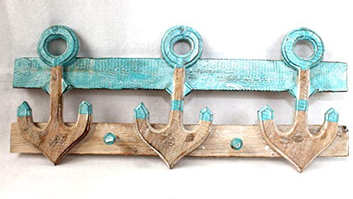 dekoundmeer Hakenleiste 50 cm Garderobe aus Holz 2 Haken mit Anker Handarbeit
