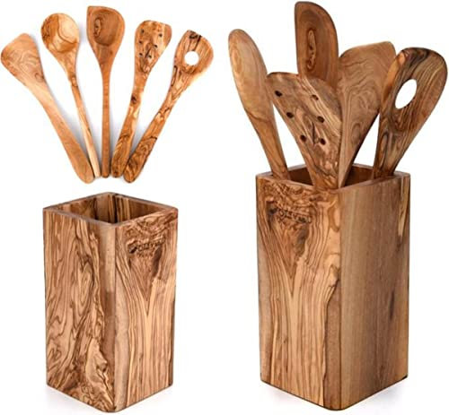 CRAFLAIR Olivenholz Löffel Besteck Kochlöffel Reislöffel Spatel Schöpfkelle Salatbesteck Salatlöffel Küchenhelfer Besteckset Länge: 30cm (5-teilig + Besteckhalter)