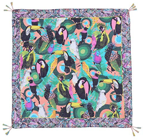 Lina & Lily Quadratischer Schal Damen mit Tiermuster mit Quasten (Papagei, Pfau, Tukan-2)