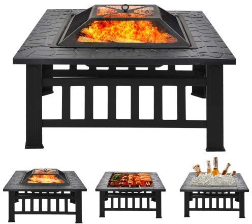 Braciere con griglia per barbecue – Riscaldatore/bruciatore da giardino in acciaio nero per legna e carbone, include protezione per scintille, poker e copertura protettiva (quadrata)