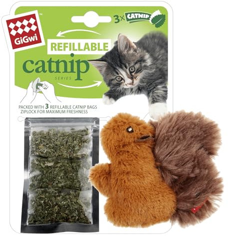 Catnip GiGwi, Juguete para Gatos Ardilla Recargable de Hierba para Gatos, diseño Colorido y Atractivo, Duradero y fácil de Limpiar, promueve el Ejercicio, 25 cm, Multicolor, Modelo refillable