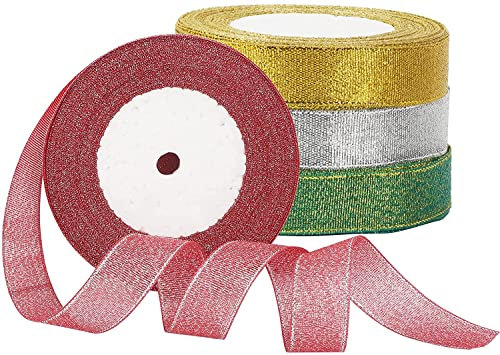 HAMOOM 4PCS*22M Cinta Arbol de Navidad Cintas Organza Detalles Baratos Lazos Árbol Navidad Cosas Decoracion de Regalo Adornos Decoración Navideña Cajas Accesorio Articulos Verde Rojo Oro Plateado.