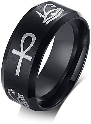 FLHEART Ägyptische Auge des Horus und Ankh Ring Band Edelstahl Hieroglyphe eingraviert Ankh Gott des ra Ring für Herren Schutz Schmuck für ihn,Black,Größe 67 (21.3)