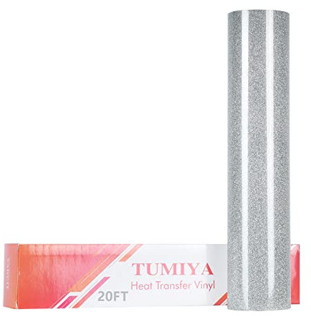 TUMIYA Glitter HTV Vinyl - 12” x 20 Ft Glitter Heat Transfer Vinyl Rolls, Glitter Iron on Vinyl for DIY Design (Glitter Silver)