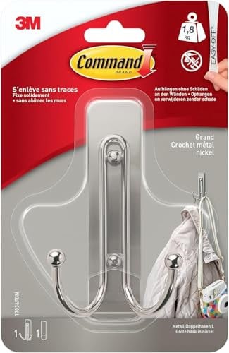 Command Doppelhaken selbstklebend in Gebürstetem Nickel, 1 Metallhaken und 1 Klebestreife - Zum Aufhängen von Taschen, Kleidung - Haken für Wand, Türhaken, Organisieren ohne Bohren, Hält 1,8kg